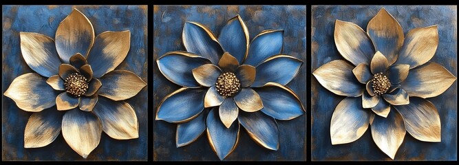 Three-panel decorative wall art featuring blue and gold floral designs against a textured background