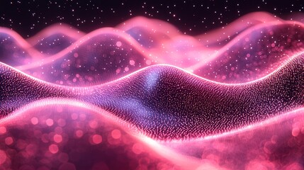 Flowing pink waves illuminated by soft light create a serene atmosphere, resembling a cosmic landscape at night