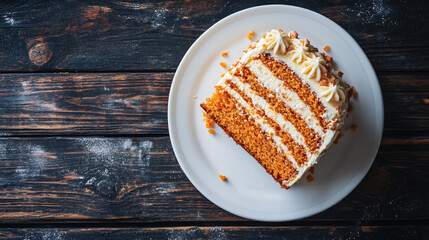 Canvas Print - Layered carrot cake with cream cheese frosting and pecan pieces on a white plate, set on a dark wooden table, is a tempting sight