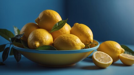 Fresh lemons in a yellow bowl on a blue background.