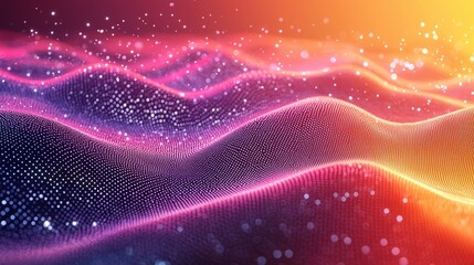 Poster - Abstract digital waves with vibrant colors and glowing particles create a stunning visual effect in a surreal landscape