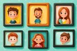 © Lens Lullabies - Collection of photos of family members or relatives and events in frames. Bundle of framed wall pictures or photographs with smiling people depicted on them. Colorful cartoon AI