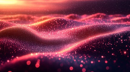 Poster - Colorful abstract landscape with glowing waves illuminated by a vibrant sunset in a digital art style