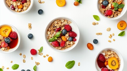 Top down view of vegetarian breakfast with granola and fruits on white background