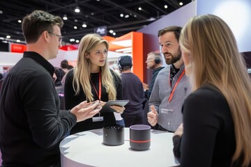 Product demo at a tech expo with curious attendees, interactions, tech showcase, innovation spotlight