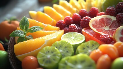 Close-up of Sliced Citrus Fruits, Raspberries, and Kiwi