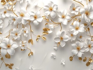 Wall Mural - 3D background with white flowers and a golden tree