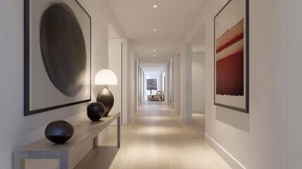 Poster - White hallway with clean lines, modern art on the walls, and a long, narrow console table.