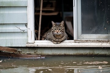 Wall Mural - A cat clings to the windowsill of a second-floor window