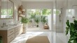 © pinporn manosri - White interior bathroom with clean lines, a large walk-in shower, and natural wood accents for warmth.