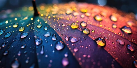 close-up of water droplets on a colorful umbrella