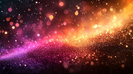 Poster - A colorful abstract background filled with shimmering particles and glowing lights in vibrant hues of pink, purple, orange, and gold