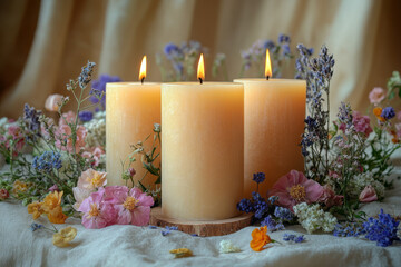 Poster - A set of handmade candles with natural soy wax, essential oils, and dried flowers, isolated on a pastel beige background,