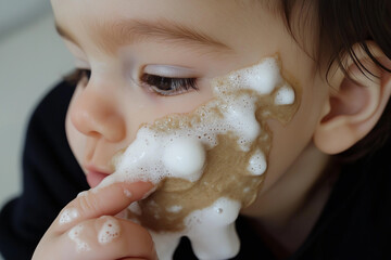 Canvas Print - child taking a bath washing his face