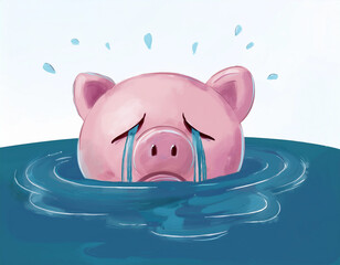 Wall Mural - Financial Crisis and Economic Disaster Illustrated with Drowning Piggy Bank