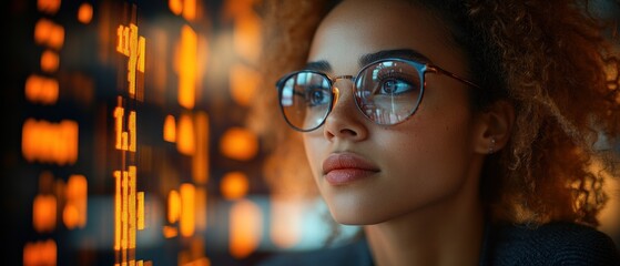 Wall Mural - Woman with Curly Hair Wearing Glasses Looking at a Digital Display