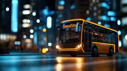 A vibrant city scene featuring a glowing modern bus at night amidst urban architecture, showcasing public transport innovation.