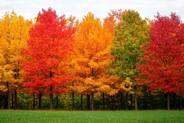 Vibrant autumn trees showcasing stunning shades of red, orange, and yellow against a serene green landscape.