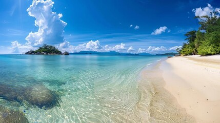 Wall Mural - tranquil coastal paradise with white sandy beach and clear blue sky panoramic landscape