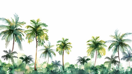 Wall Mural - Tropical hand drawn forest seamless border. Watercolor repeating wallpaper design. Palm trees jungle scene. Hand painted background