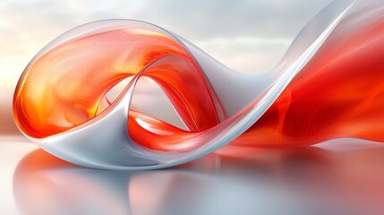 Poster - A graceful swirl of red and white forms an abstract sculpture against a soft, blurred background of pale colors at sunset