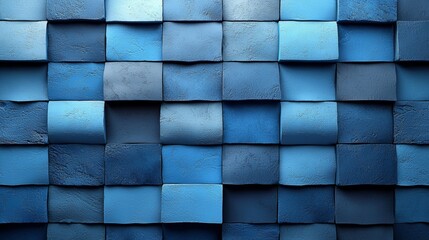Poster - A textured wall of varying shades of blue tiles arranged in a grid pattern, capturing the play of light in an indoor setting