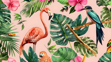 Wall Mural - Tropical watercolor birds hummingbird, monkey and jaguar, exotic jungle plants palm banana leaves flowers, flamingo pastel color seamless pattern fabric background