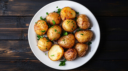 Canvas Print - Roasted potatoes with parsley on a dark wooden table, served on a white plate