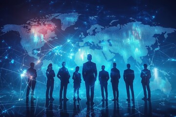 Business team standing in front of global network map and connections. Global business concept background with glowing connections and people shadows on blue digital technology screen.