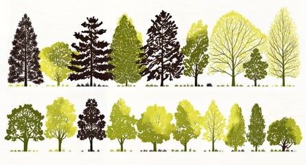 Illustration of various trees in multiple shades of green and brown.