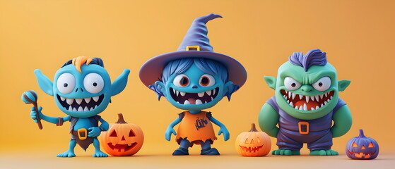 A vector set of 3 Halloween characters in 3d clay design, including a Zombie, a Goblin with the silly face, and an cute Ogre, adorable and festive, isolated on a clean pastel color background