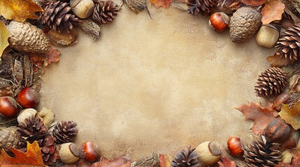 Wall Mural - A frame of autumn leaves and pine cones