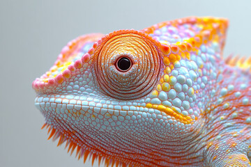 Poster - A close-up of a chameleonâ€™s skin, showcasing the tiny, multicolored scales in a shifting pattern, set against a pastel beige background,