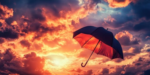 Canvas Print - Black Umbrella Flying Through Dramatic Sunset Sky