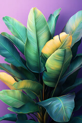 Aufkleber - Stylized banana leaves in geometric forms with pastel green and yellow tones, arranged to create a dynamic jungle canopy effect, set against a pastel lavender background,
