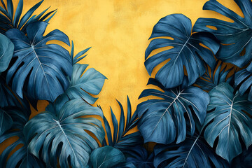Poster - Geometric monstera leaves in overlapping patterns with dark green and pastel blue accents, creating a layered jungle scene, set against a pastel yellow background,