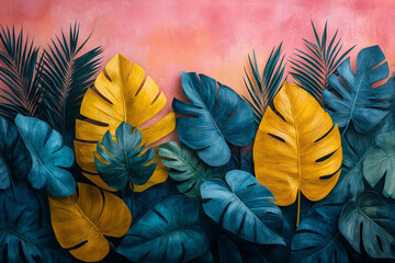 Poster - Abstract jungle canopy with geometric leaf shapes in dark green, teal, and yellow, forming a dense pattern, set against a pastel pink background,