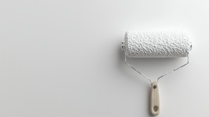 A white paint roller with a wooden handle is leaning against a wall