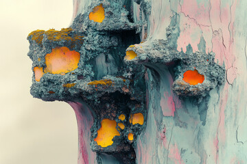 Poster - Abstract geometric tree trunks with glowing moss and lichen patterns in neon green and blue, set against a pastel beige background,