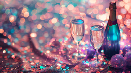 Two glasses and bottles of champagne on a glittering confetti background