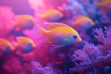 Poster - A composition of luminous tropical fish swimming through a glowing, abstract underwater rainforest with coral shapes in neon blue and green, set against a pastel lavender background,
