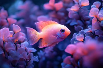 Poster - A composition of luminous tropical fish swimming through a glowing, abstract underwater rainforest with coral shapes in neon blue and green, set against a pastel lavender background,