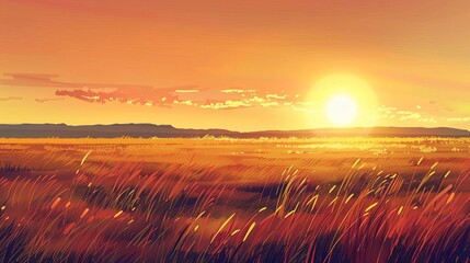 Wall Mural - tranquil sunset over a vast field of golden grass warm light casting long shadows peaceful nature landscape illustration