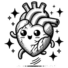 Wall Mural - Kawaii heart cartoon character walking confidently, with a winking face and giving an OK hand gesture sketch engraving generative ai PNG illustration. Scratch board imitation. Black and white image