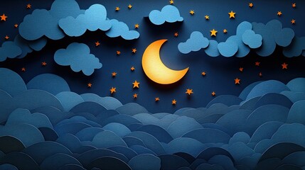 9. A 3D paper cut depiction of a clear night sky, with stars twinkling and a crescent moon glowing softly, surrounded by layered paper clouds, set on a dark solid background