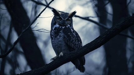 majestic owl perched on branch in dark forest