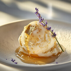 ice cream dessert, elegantly garnished with dark chocolate and assorted berries, placed on a spotless white surface