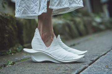 Japanese footwear named jika-tabi with white unique shape shoes on the street