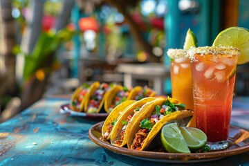 A vibrant outdoor table featuring plates of tacos with a variety of fresh fillings and two refreshing beverages garnished with lime, creating a lively dining scene.