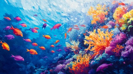 Aufkleber - A vibrant underwater scene with a large school of colorful reef fish darting through coral reefs, showcasing their diversity and movement